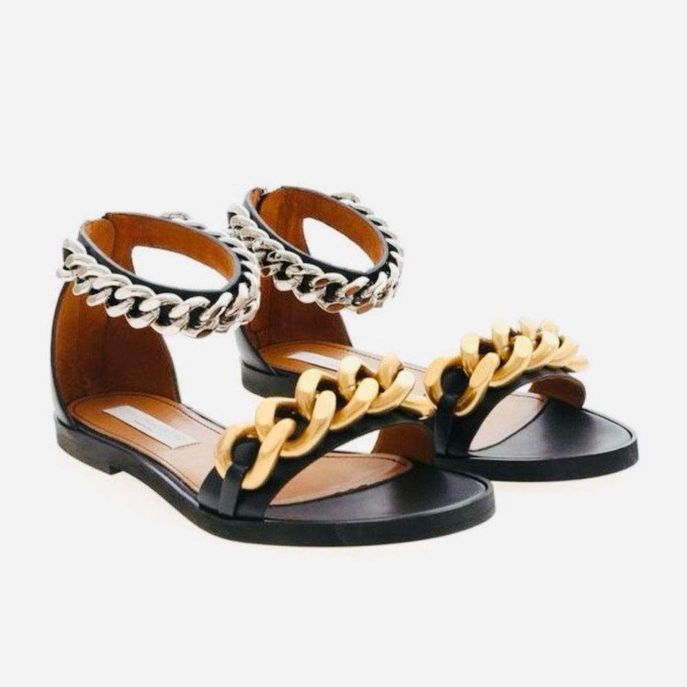 Stella McCartney Falabella Black and Gold Chain Sandals, 36.5